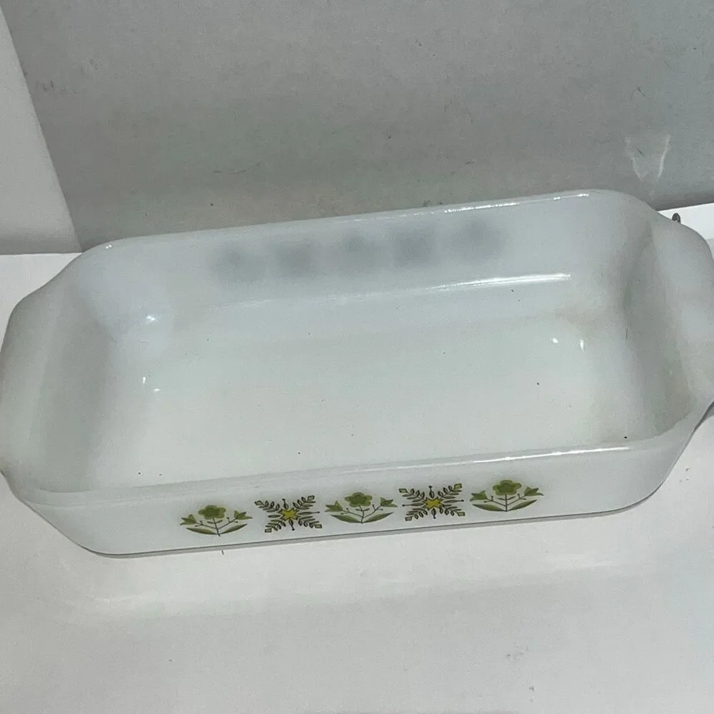 Fire King White‎ Anchor Hocking Meadow Green Flower Glass Loaf Dish Pan